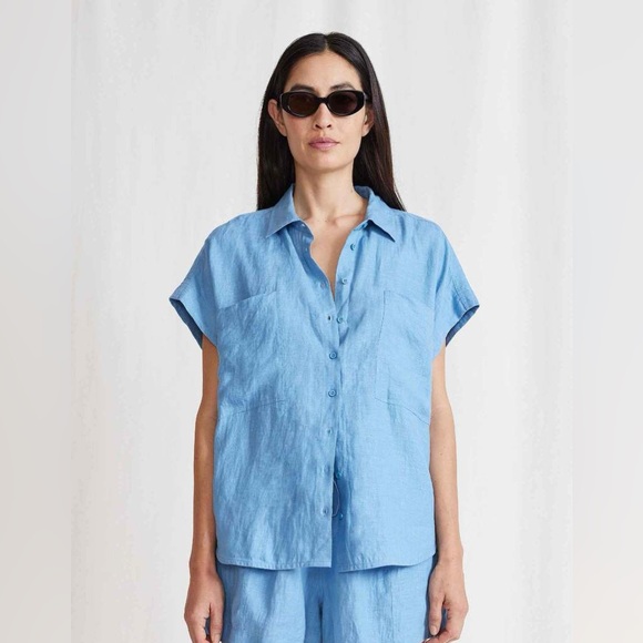 Apiece Apart Tops - Apiece Apart- Sollar button up linen top in Robin Blue